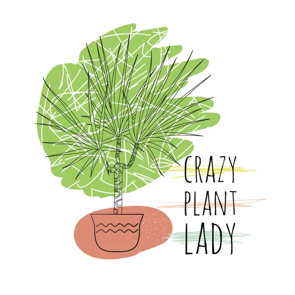 Minimalist εμπνευσμένη απόσπασμα τρελό φυτό κυρία με μαύρη γραμμή τέχνης γλάστρα εσωτερικού χώρου φυτό δράκαινα και αφηρημένα σχήματα φόντο — Διανυσματικό Αρχείο