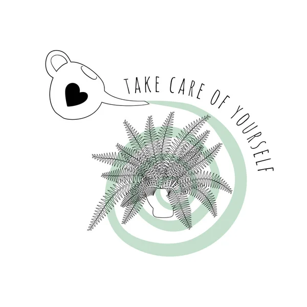 Minimalistische Boho-Illustration des Zitats Take Care of Yourself mit Black Line Art Topfpflanzenfarn und abstrakten Formen Hintergrund — Stockvektor