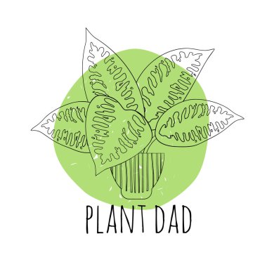 Minimalist boho çizimi siyah çizgili saksı sanatı olan baba dieffenbachia bitkisi ve soyut şekilli arka plan.