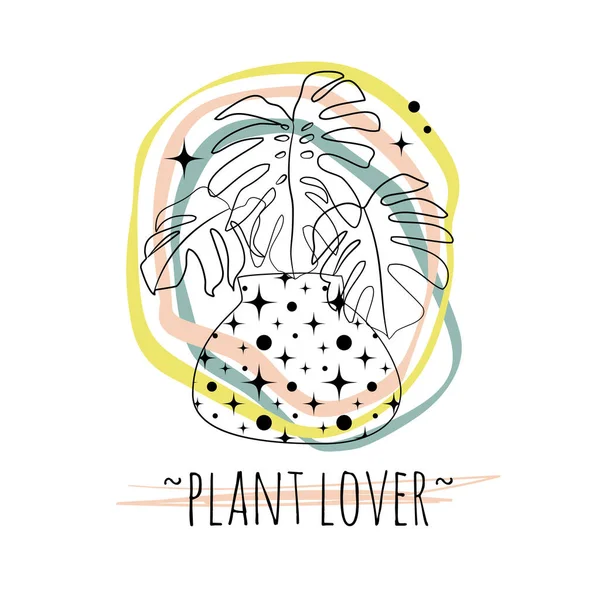 Minimalistische boho illustratie van citaat Plant minnaar met zwarte lijn kunst potted huis plant monstera — Stockvector