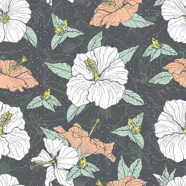 Vintage nahtlose Muster mit Line Art weißen und rosa Hibiskusblüten, Knospen und Blättern, mit grauen Umrissen. — Stockvektor