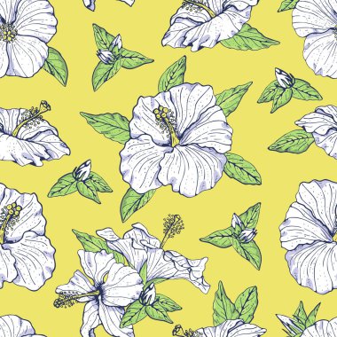 Beyaz amber çiçekleri, tomurcukları ve yaprakları, koyu çizgileri olan klasik, dikişsiz desenler. Sarı arkaplanda