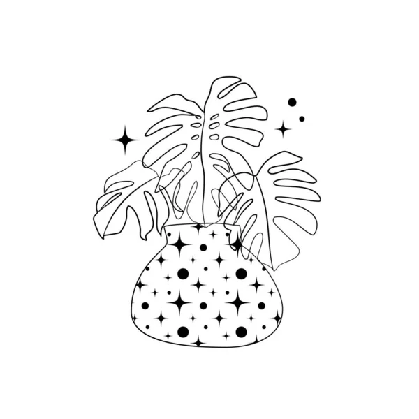 Línea de arte negro tropical maceta casa planta monstera aislado sobre fondo blanco. — Vector de stock