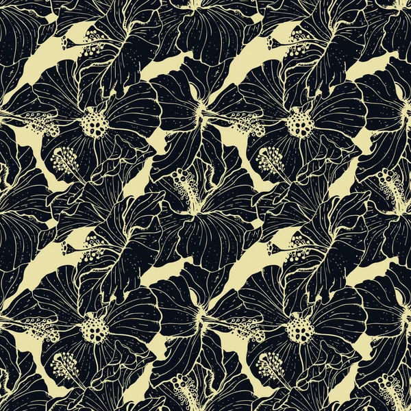Motif monochrome sans couture avec des fleurs, des bourgeons et des feuilles d'hibiscus noir art linéaire, avec contour léger. Sur fond beige. — Image vectorielle
