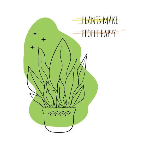 Minimalistische boho illustratie van citaat Planten maken mensen blij met zwarte lijn kunst potted huis plant aspidistra en groene abstracte vorm achtergrond — Stockvector