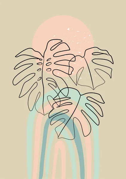 Stampa in stile Boho con foglie tropicali in linea e arcobaleno boho sullo sfondo. Colori neutri pastello. — Vettoriale Stock
