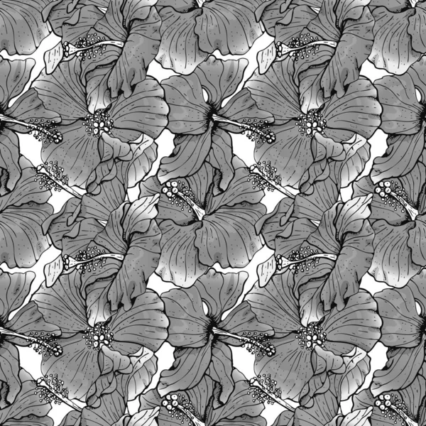 Seamless pattern with line art gray scale monochrome hibiscus flowers, buds and leaves, with dark outline. On white background — Stock Vector