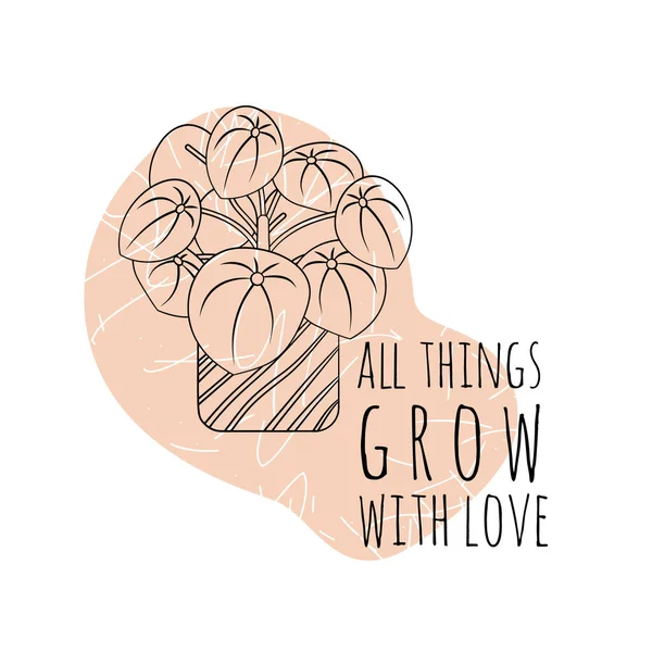 Illustration boho minimaliste de citer toutes choses grandir avec amour avec ligne noire art pot pièce plante et formes abstraites fond — Image vectorielle