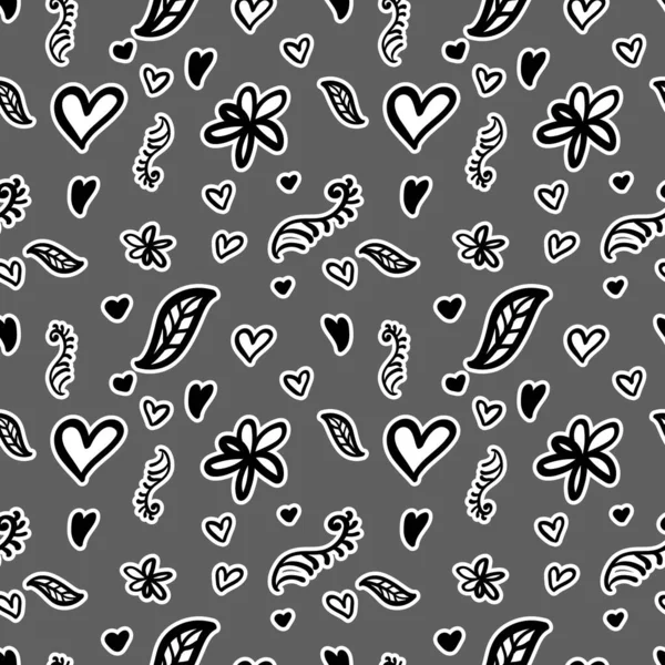Eenvoudige doodle hartjes en bloemen stickers naadloos patroon. — Stockvector