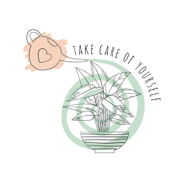 Alıntı minimalist boho illüstrasyon Siyah çizgili kendinize dikkat edin sanat saksı ev bitkisi stromanthe ve soyut şekiller arka plan