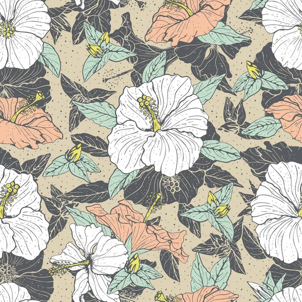 Vintage modello senza cuciture con linea arte fiori ibisco bianco e rosa, boccioli e foglie, con contorno grigio. — Vettoriale Stock