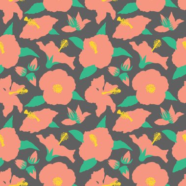 Modern minimalist pembe amber çiçekleri, tomurcukları ve yapraklarıyla kusursuz desen. Gri arkaplanda.