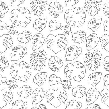 Beyaz arka planda tropikal yaprakları olan siyah ve beyaz desenli. Canavar sanat silueti çizgisi bırakır.