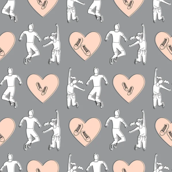 Naadloos patroon met silhouetten van jong gelukkig paar in springende poses met harten. — Stockvector