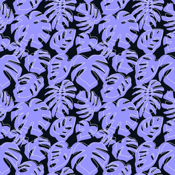 Seamless pattern with blue tropical leaves on black background. — Stock Vector