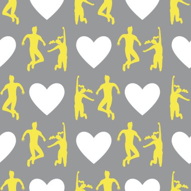 Zıplayan kalplerle genç mutlu çiftin siluetlerinin kusursuz desenleri..