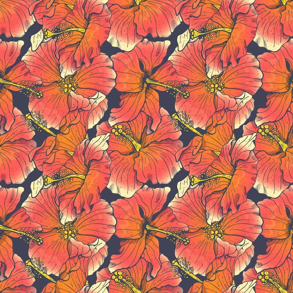 Patrón sin costura con flores de hibisco rojo de arte de línea, brotes y hojas, con contorno oscuro — Archivo Imágenes Vectoriales