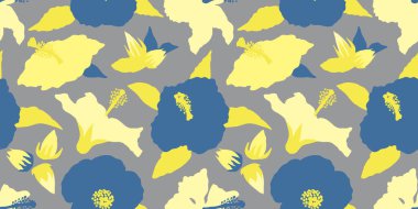 Modern minimalist mavi ve sarı amber çiçekleri, tomurcukları ve yapraklarıyla kusursuz desen..