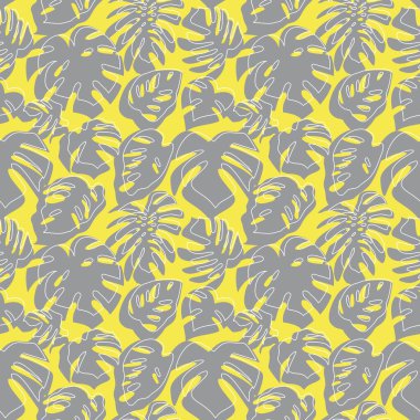 Sarı arka planda gri tropikal yapraklı kusursuz desen.