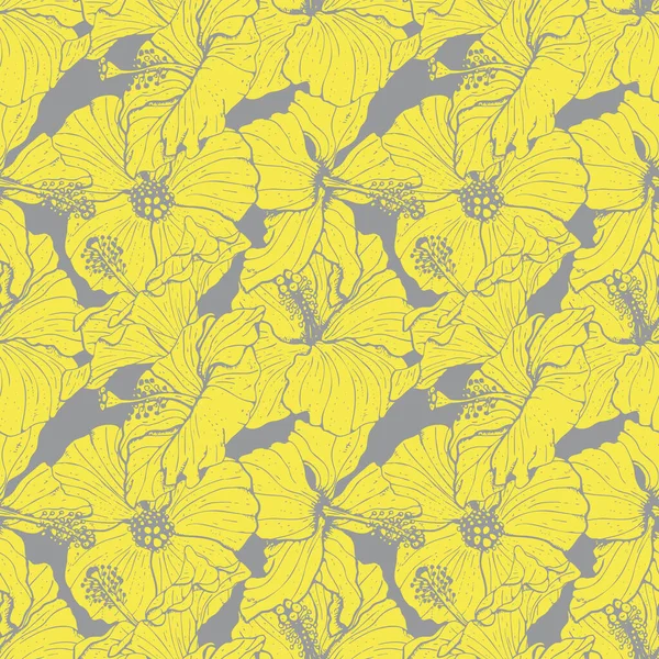 Monochromes, nahtloses Muster mit linearen, gelben Hibiskusblüten, Knospen und Blättern, mit grauen Umrissen. Auf grauem Hintergrund. — Stockvektor