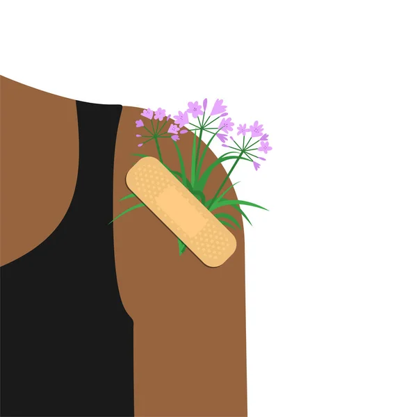 Klistra plåster med blommor på en mänsklig axel. — Stock vektor