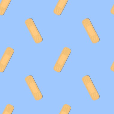 Yapışkan alçılarla kusursuz desen. Tıbbi yama dokuyu tekrarlıyor. Mavi arkaplanda.