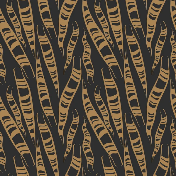 Simple minimal brown or gold snake plant leaves tropical seamless pattern. Black background. — Stock Vector