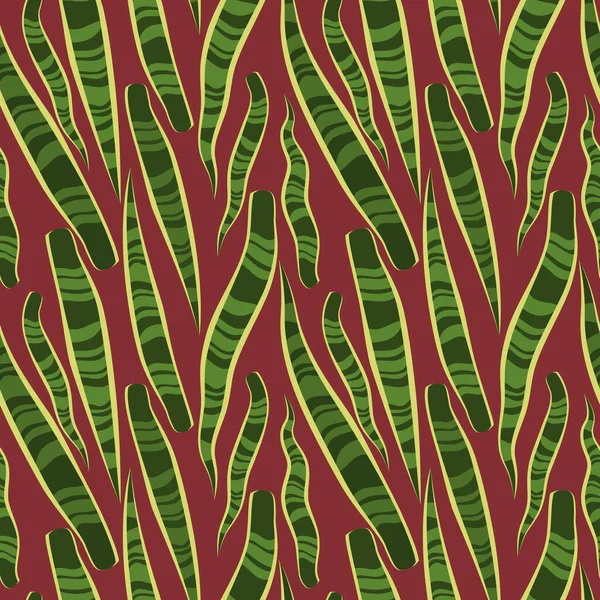 Einfache minimale grüne Schlangenpflanze hinterlässt tropische nahtlose Muster. Roter Hintergrund. — Stockvektor