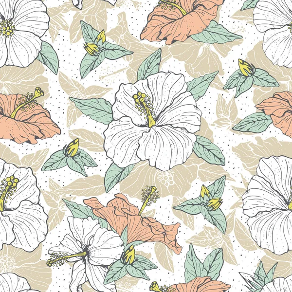 Vintage nahtlose Muster mit Line Art weißen und rosa Hibiskusblüten, Knospen und Blättern, mit grauen Umrissen. — Stockvektor