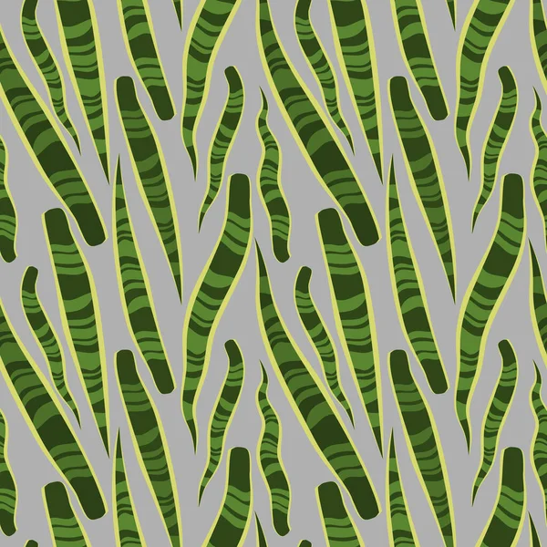 Simple minimal green snake plant leaves tropical seamless pattern. Gray background. — Stockvektor