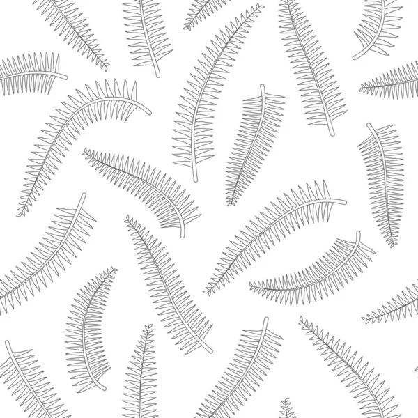 Tropical fern leaves gray outline drawing seamless pattern. White background. Jungle foliage line art texture. — стоковый вектор