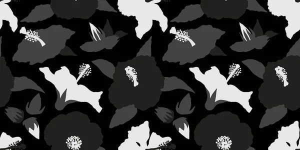 Monochrome échelle de gris Modèle sans couture avec moderne minimaliste fleurs d'hibiscus, bourgeons et feuilles. Sur fond noir — Image vectorielle