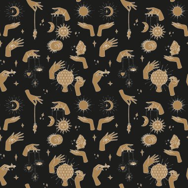 Elle çizilmiş kusursuz desenli sanat eseri kadın cadı elleri güneşi ve ayı tutuyor. Ruhani mistik tekrar dokusu.