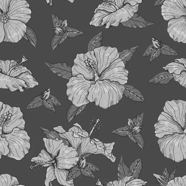 Padrão sem costura monocromático com arte linha cinza hibisco flores, botões e folhas, com contorno cinza. Em fundo cinza. — Vetor de Stock
