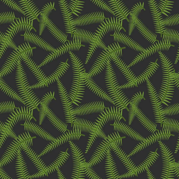 Enkel minimal grön ormbunke lämnar tropiskt sömlöst mönster. Mörk bakgrund. — Stock vektor