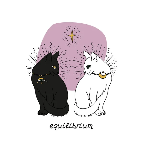 Illustration graphique colorée de deux chats mystiques dessinés à la main. Animaux sorciers, noir et blanc, décorés avec lune et étoile. Équivalence textuelle — Image vectorielle