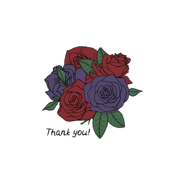 Ilustração de arte de linha de mão desenhado buquê de flores de rosa com texto de letras obrigado. —  Vetores de Stock