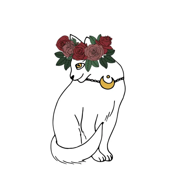 Linjekonst illustration av handritade mystiska katt. Häxhusdjur dekorerad med blomsterkrans. — Stock vektor