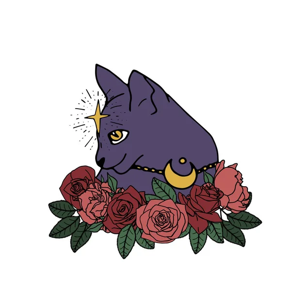 Ilustração de arte de linha de gato místico desenhado à mão. Bruxa animal de estimação decorado com flores de rosa grinalda. — Vetor de Stock