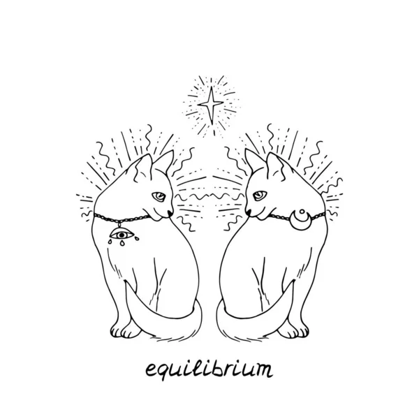 Linea monocromatica illustrazione artistica di due gatti mistici disegnati a mano. Strega animale domestico in bianco e nero decorato con luna e stella. — Vettoriale Stock