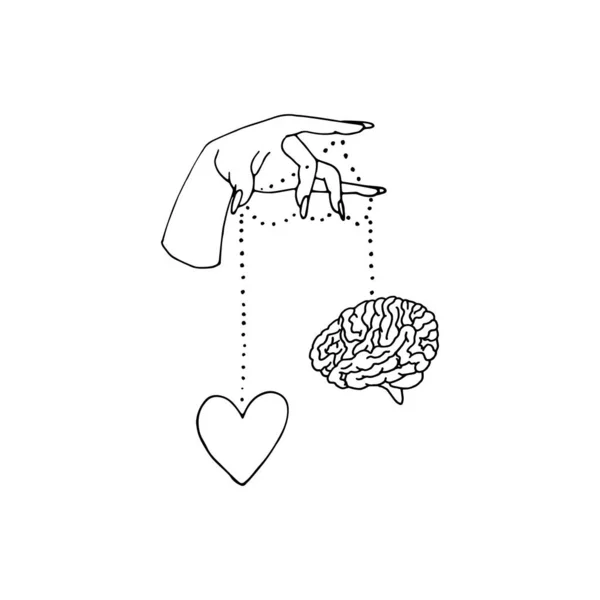 Illustration d'art linéaire de mains féminines dessinées à la main tenant un cœur et un cerveau. — Image vectorielle