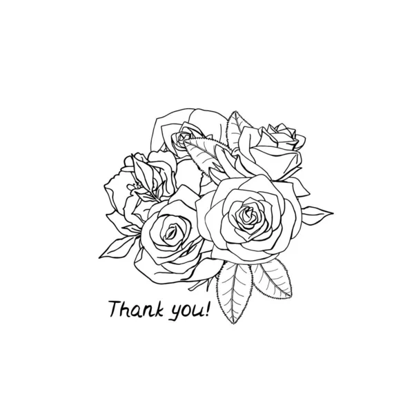 Linea illustrazione d'arte di disegnato a mano bouquet di fiori di rosa con testo lettering grazie. — Vettoriale Stock