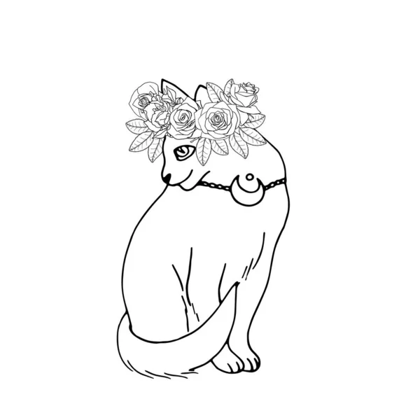 Línea monocromática ilustración de gato místico dibujado a mano. Bruja mascota blanco y negro decorado con flores. — Vector de stock