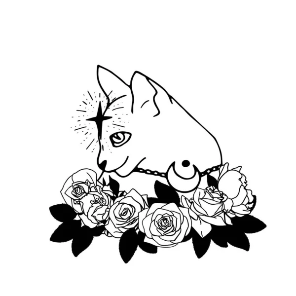 Monochrome Linienkunst Illustration der von Hand gezeichneten mystischen Katze. Hexenhaustier schwarz und weiß mit Blumen verziert. — Stockvektor