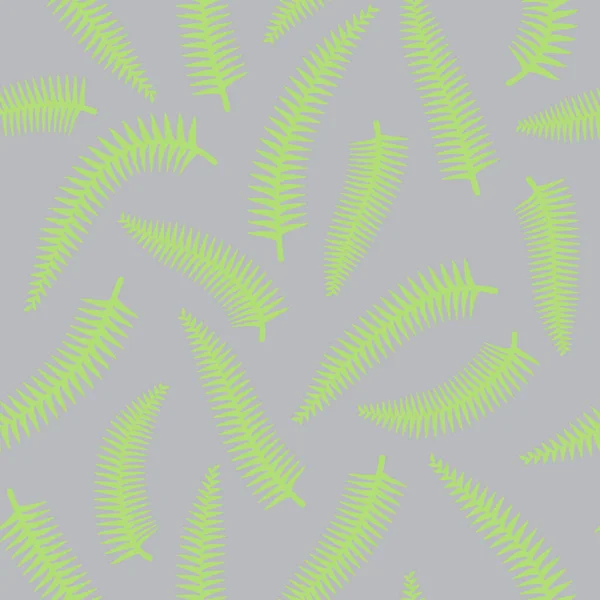 シンプルな最小限の緑のシダは熱帯シームレスなパターンを残します。灰色の背景. — ストックベクタ