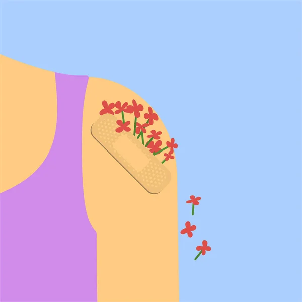 Plakpleister met bloemen op een menselijke schouder. — Stockvector