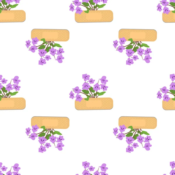 Motif sans couture avec des plâtres collants et des fleurs violettes. Patch médical texture répétée. — Image vectorielle