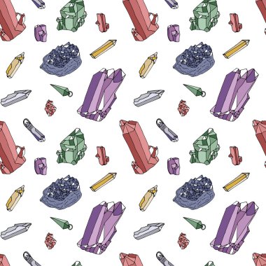 El çizimi renkli kristaller ve beyaz arka planda kolyeler ile kusursuz desen.