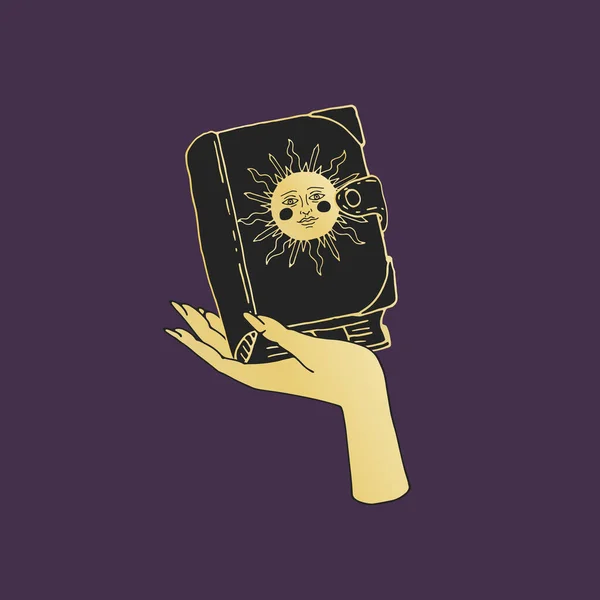 Vintage Gold and Black Mystic Spell Book mit Sonne auf dem Einband in weiblicher Hand — Stockvektor