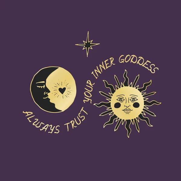 Vintage Mystic Sun and Moon Ilustração com letras — Vetor de Stock